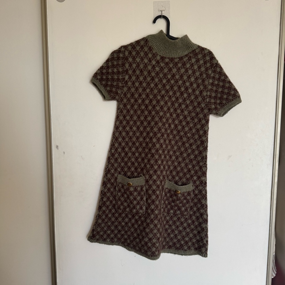 Brown and Green Knit Dress with Pockets gold buttons
